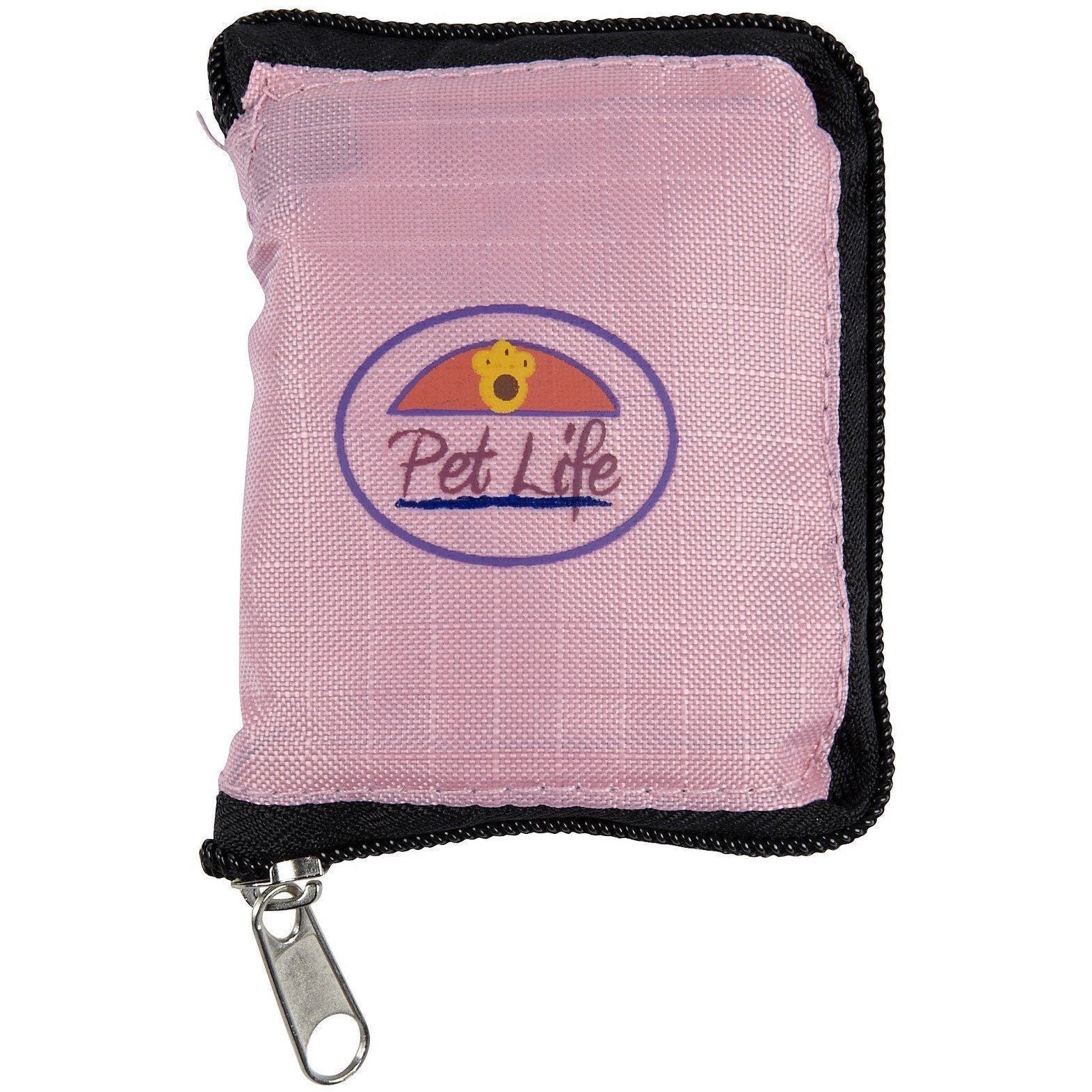 Pink folding pet travel bowl pouch with zipper pull and Pet Life logo
