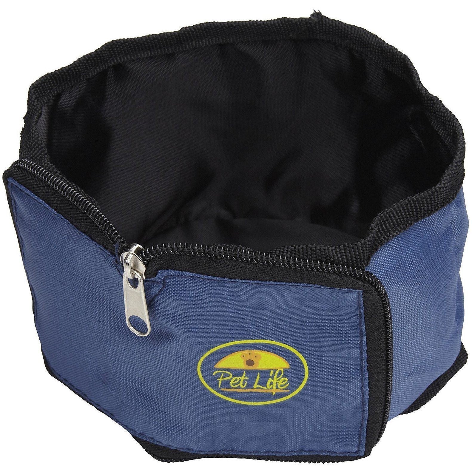 Blue foldable pet travel bowl with zipper, black mesh lining and logo patch