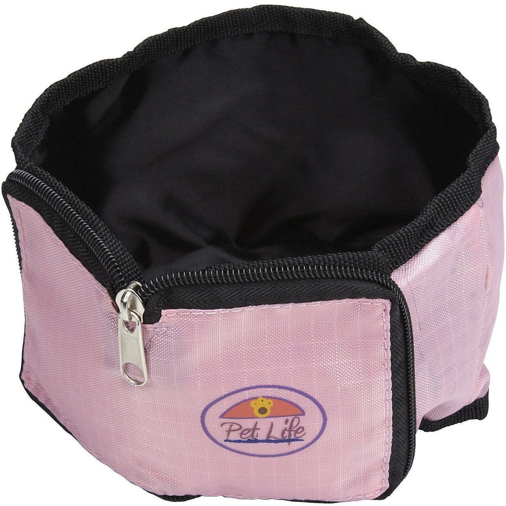 Pink foldable pet travel bowl with zipper, black lining and Pet Life logo patch