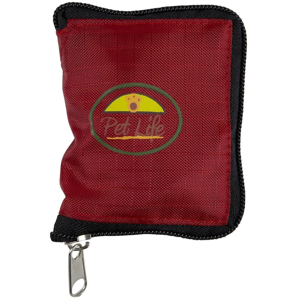 Red folding pet travel bowl pouch with zipper pull and Pet Life logo