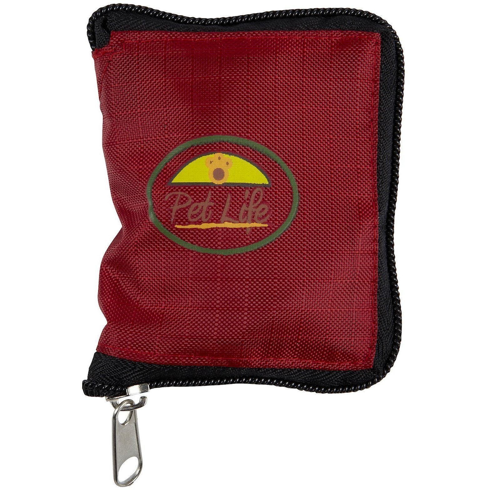 Red folding pet travel bowl pouch with zipper pull and Pet Life logo
