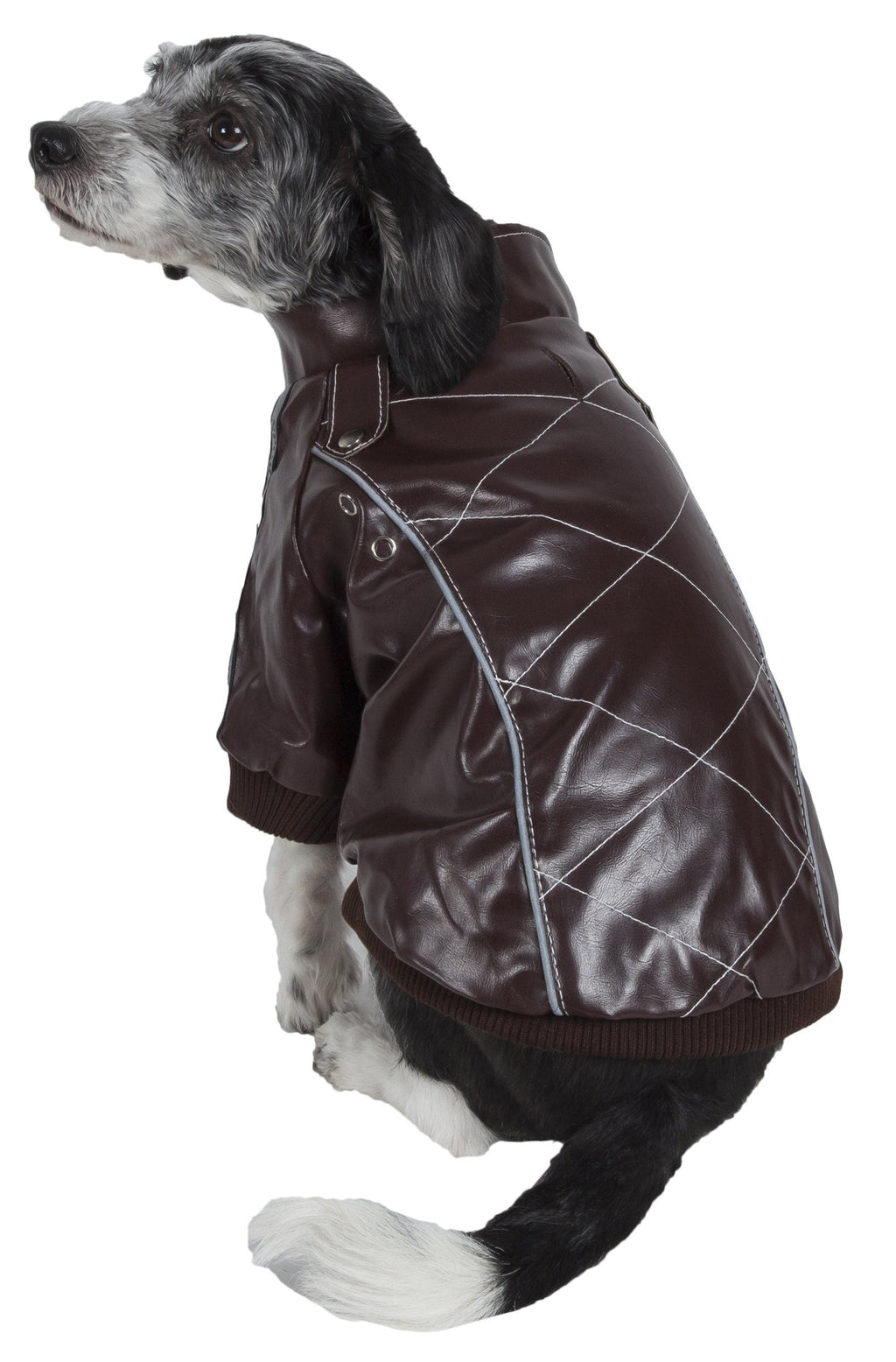 Side view brown dog jacket with stitched panel lines, high collar, ribbed hem