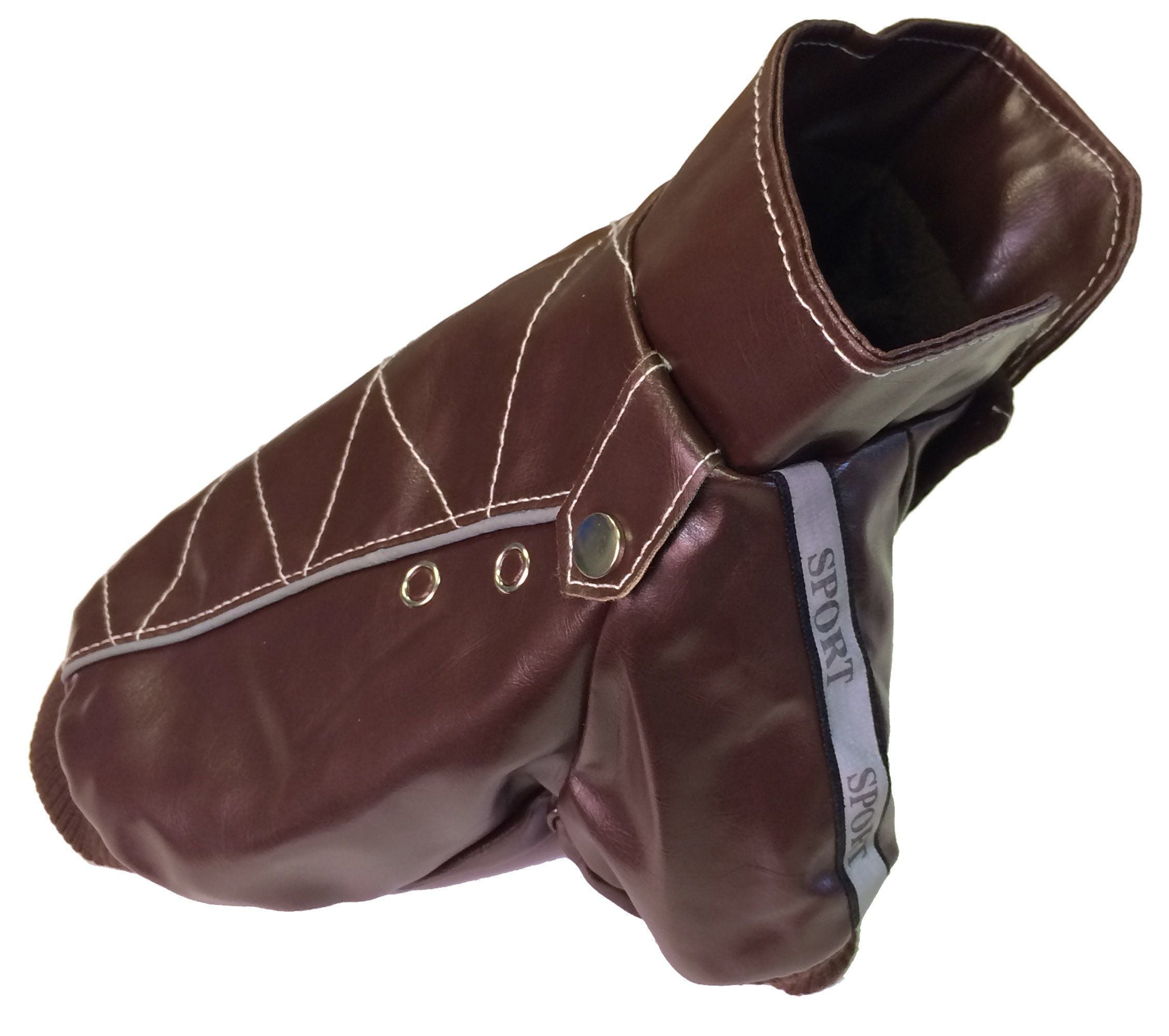 Brown dog jacket sleeve with contrast trim and snap-button closure