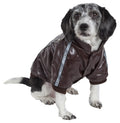 Brown suede dog jacket with stitched seams, ribbed cuffs, and button snaps