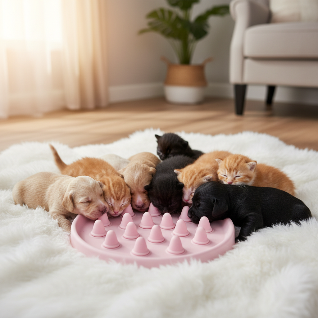 Pink self-service pet nursing feeder with 4 silicone pacifiers, used by puppies and kittens