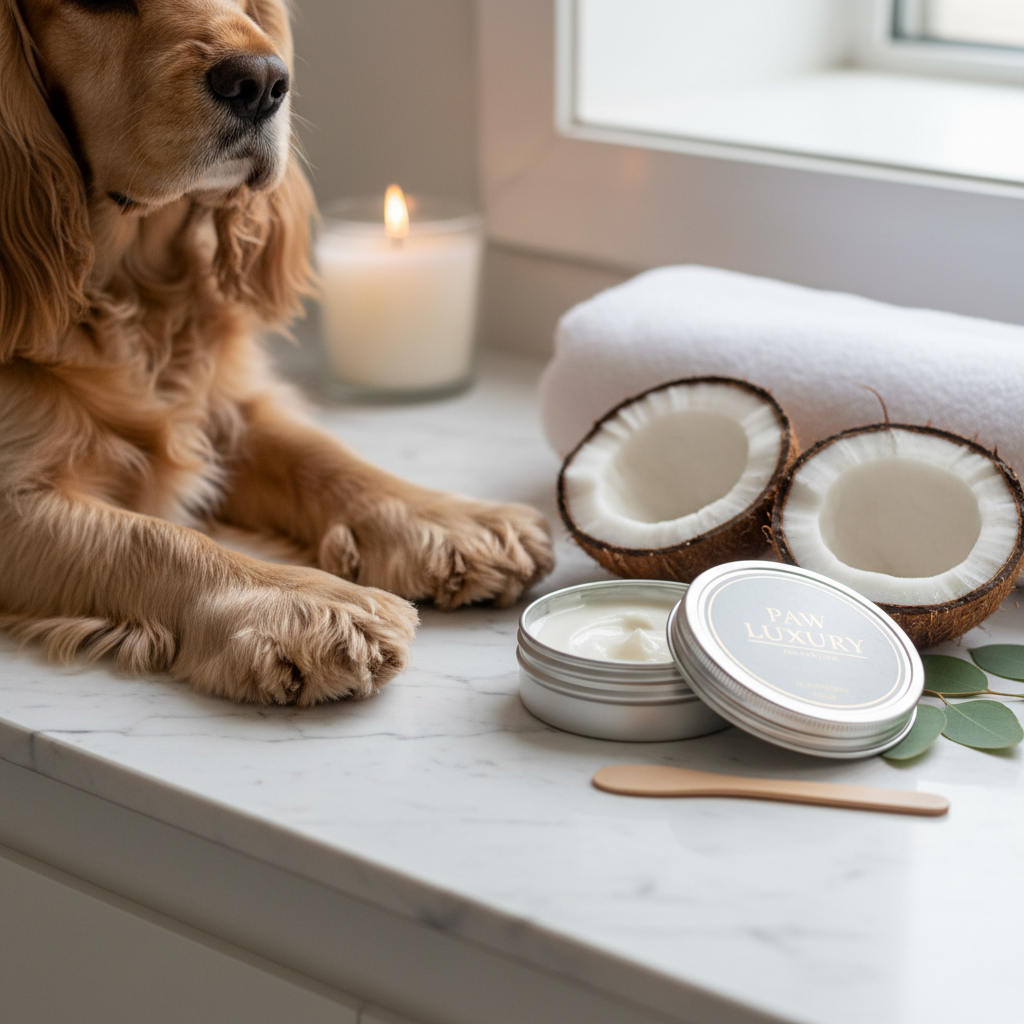 Pet paw balm tin with white cream, shown beside dog paw and coconut halves