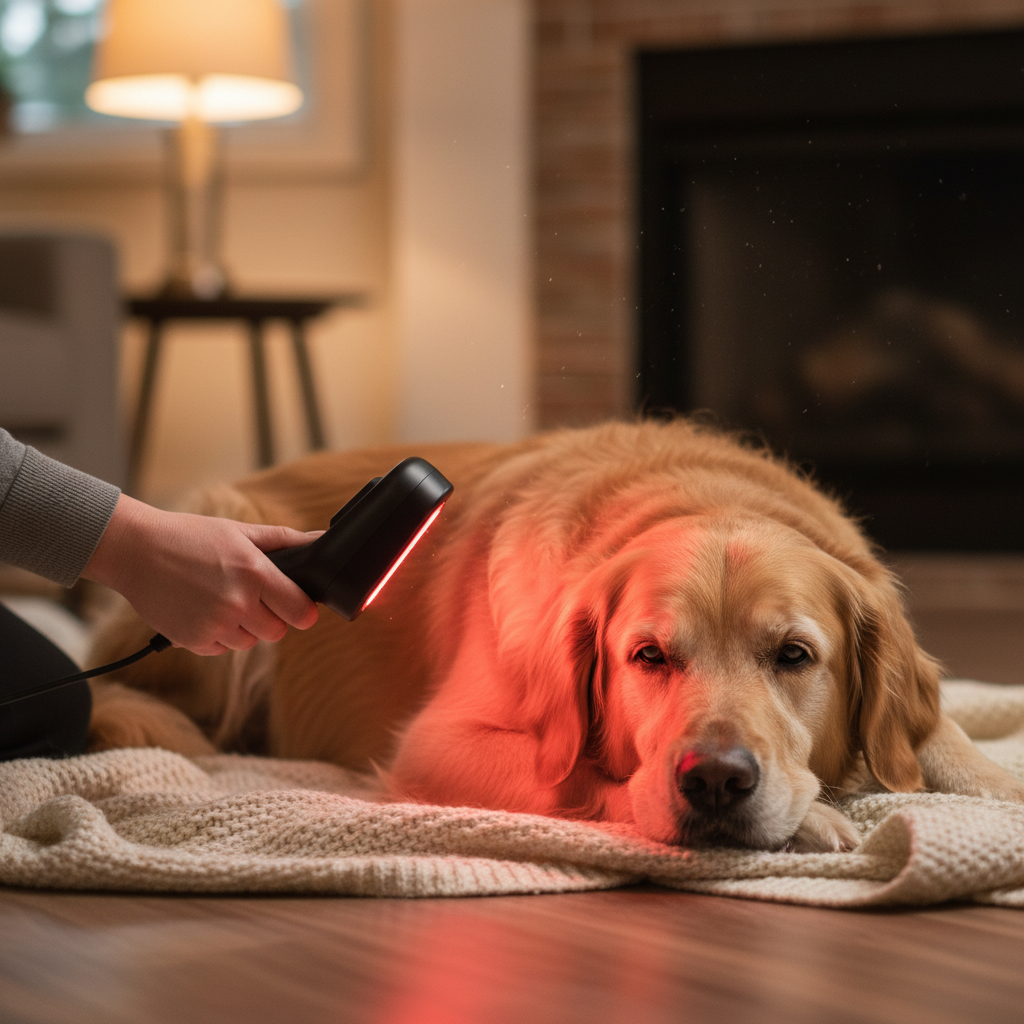 Black infrared therapy device emitting red light held near resting dog on blanket