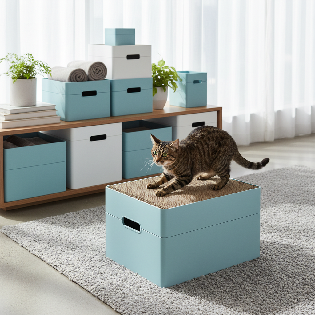 Blue pet storage box with built-in cat scratcher and drawer-style front handles
