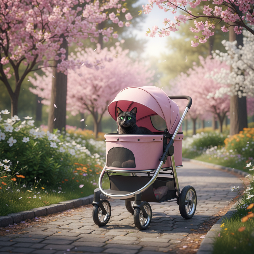 Pet Stroller - Black Cat in Pink Stroller