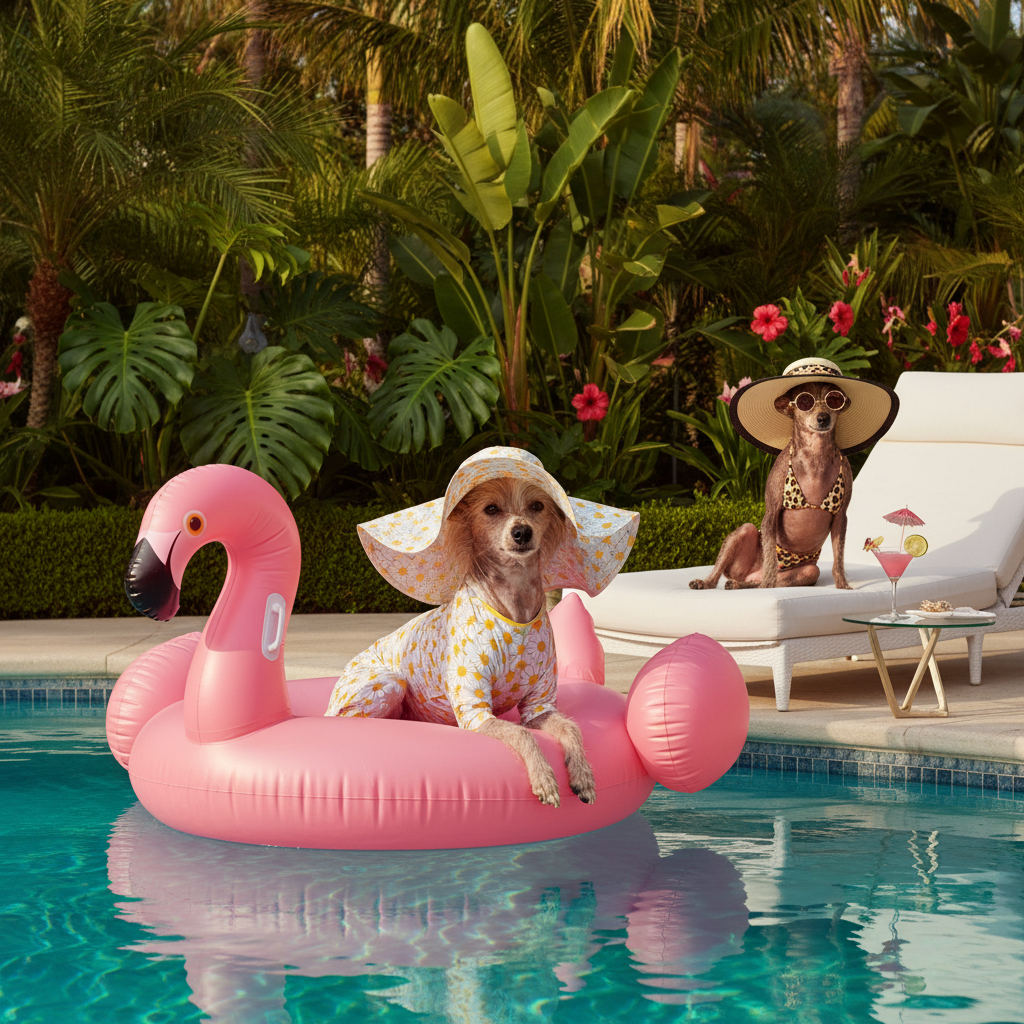 Floral pet swimsuit jumpsuit with matching sun hat, breathable vest style