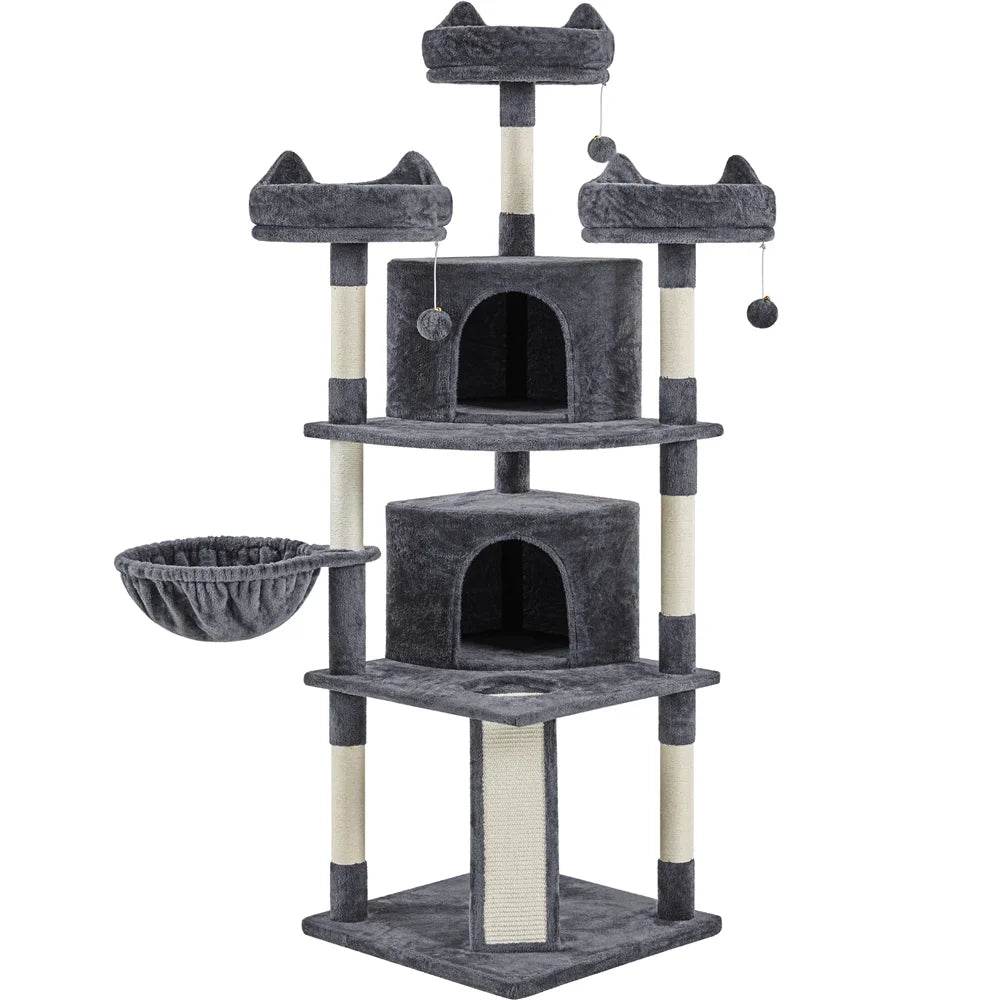 Dark gray 2-level cat tree tower with two condos, platforms, and scratching posts