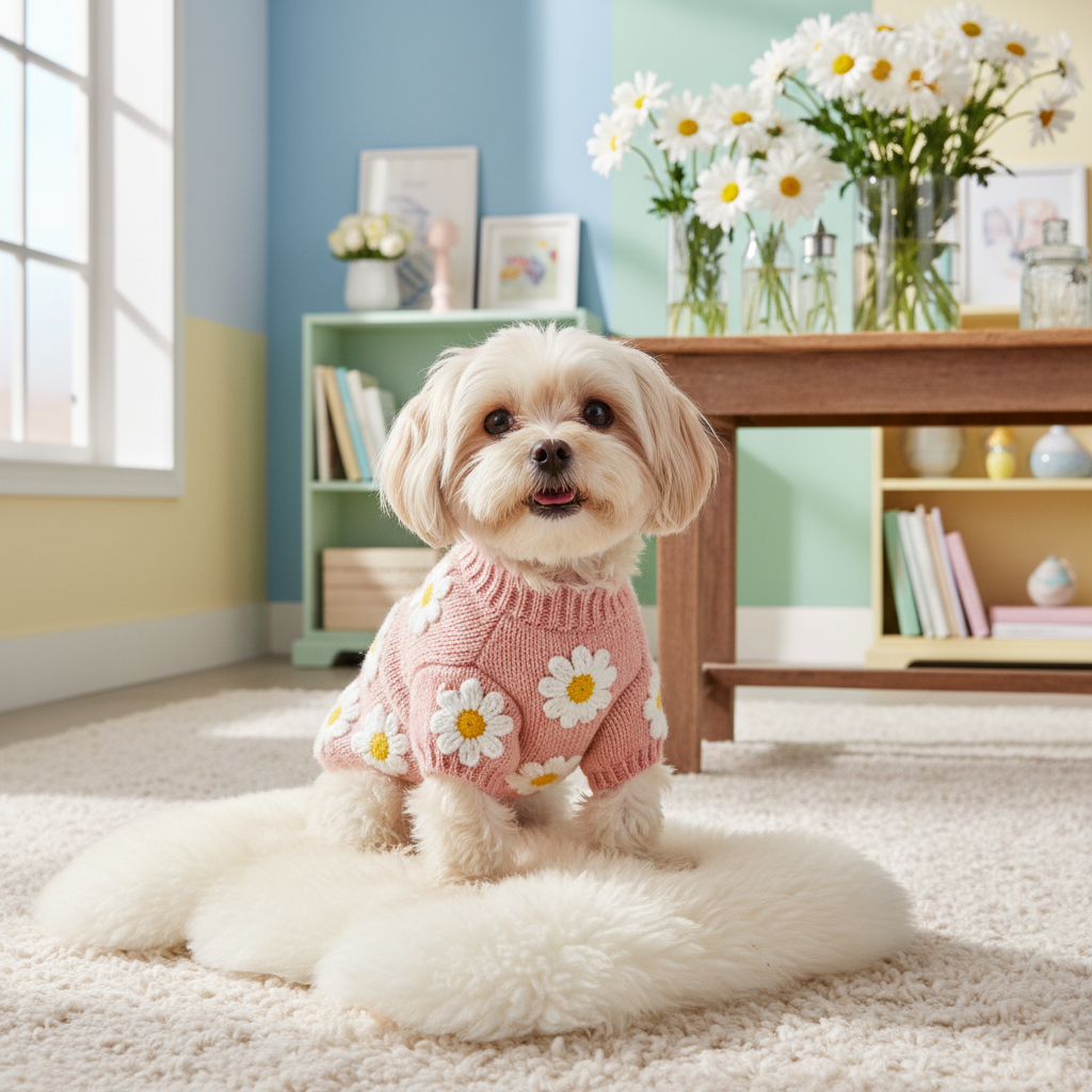 Pink daisy knit pet sweater on small dog