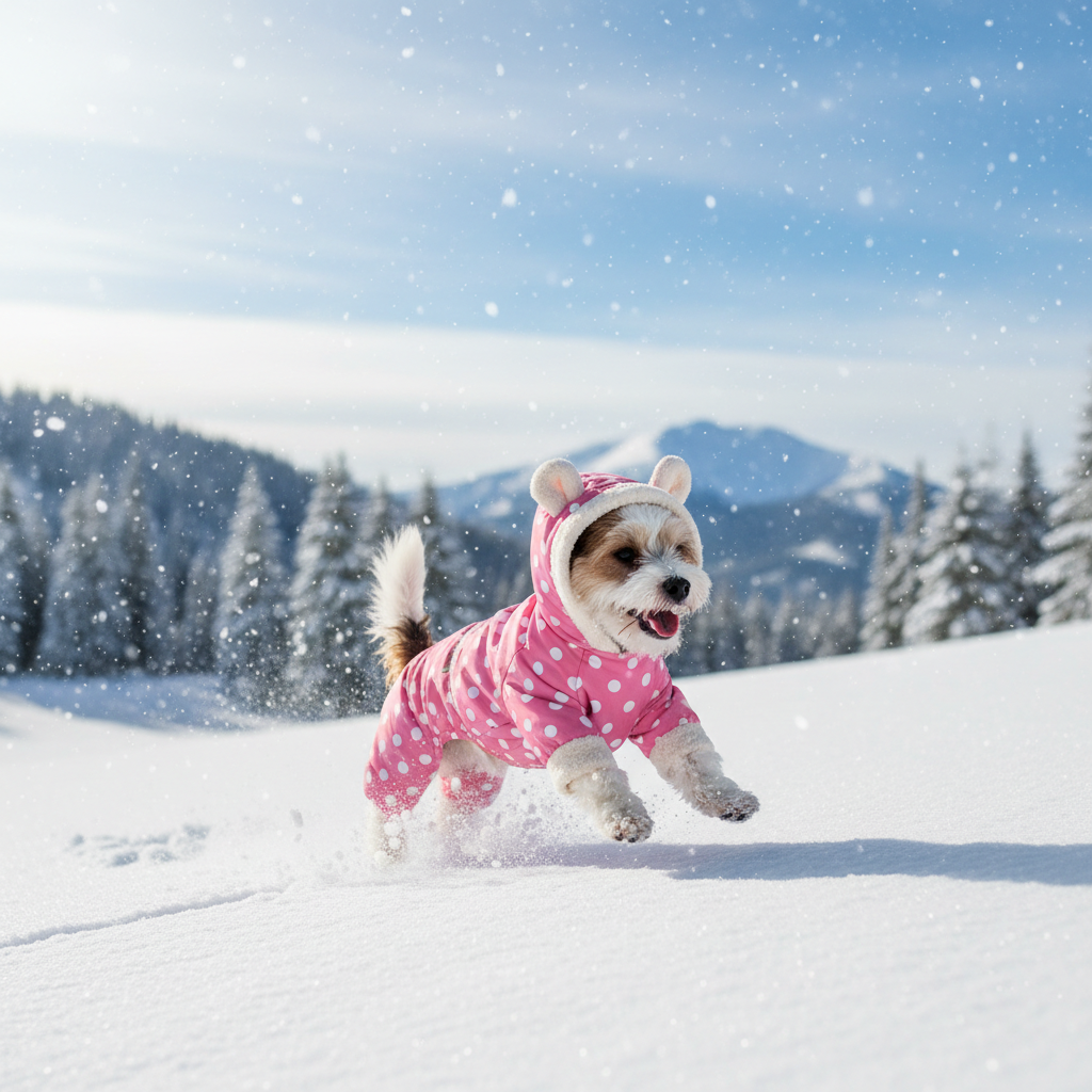Pink polka-dot hooded dog snowsuit with fleece lining, full-body waterproof jumpsuit