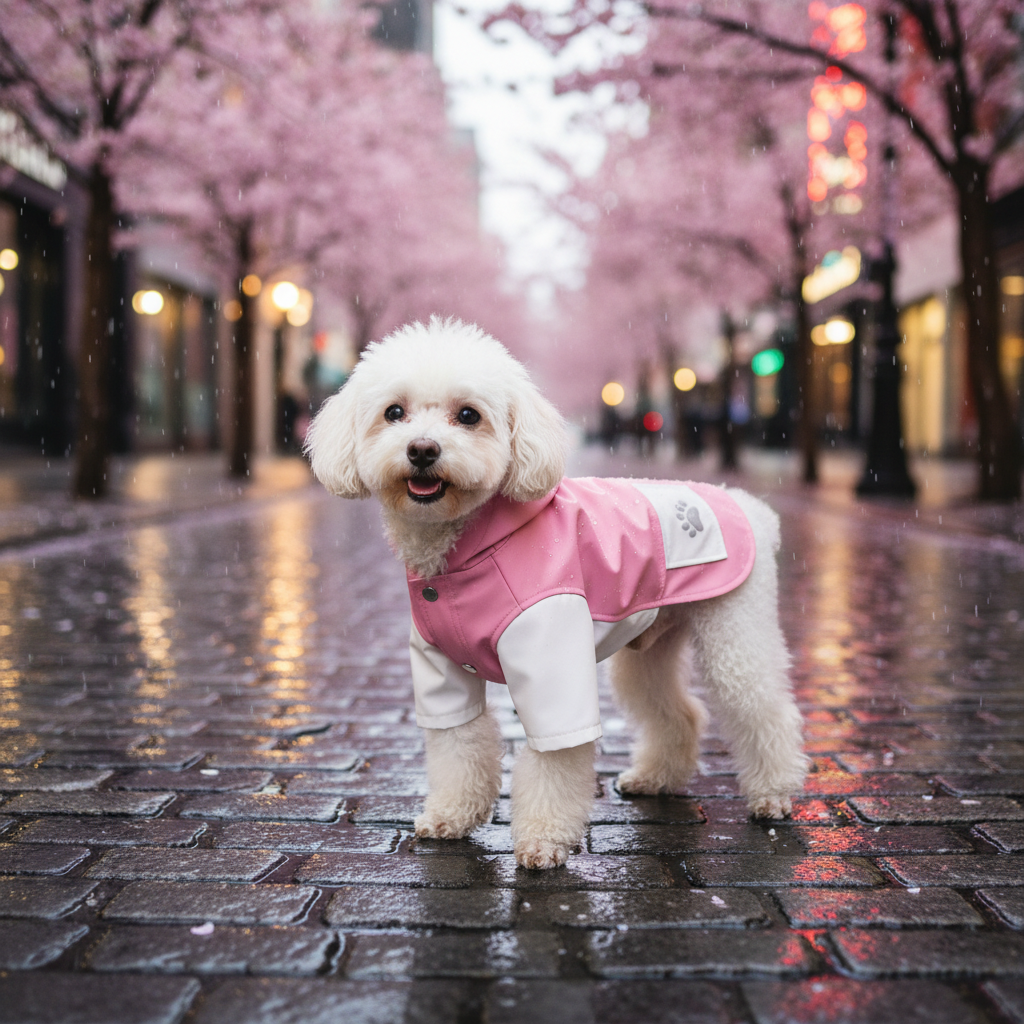 Two-tone waterproof dog raincoat with reflective band, pink shell and light gray lining