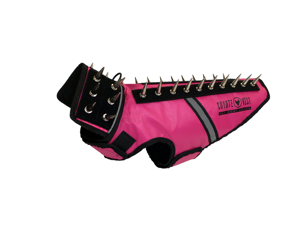 SpikeVest dog vest in pink with black spike collar and metal studs, black trim