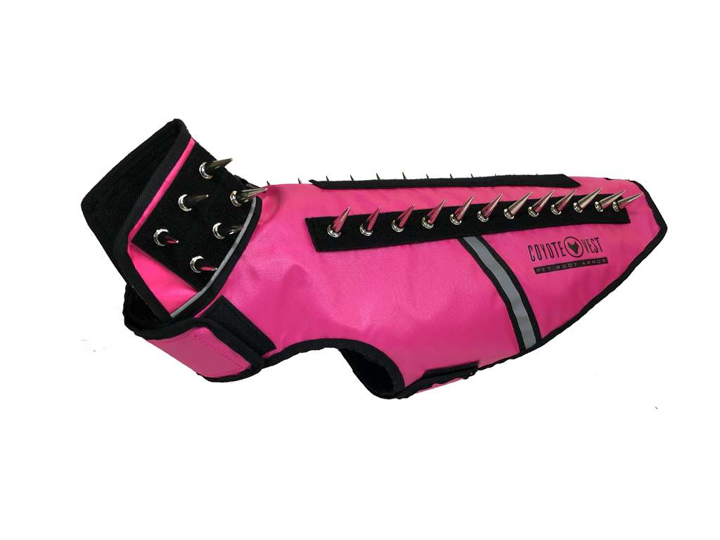 SpikeVest protective dog vest in neon pink with black spikes and front grommet straps