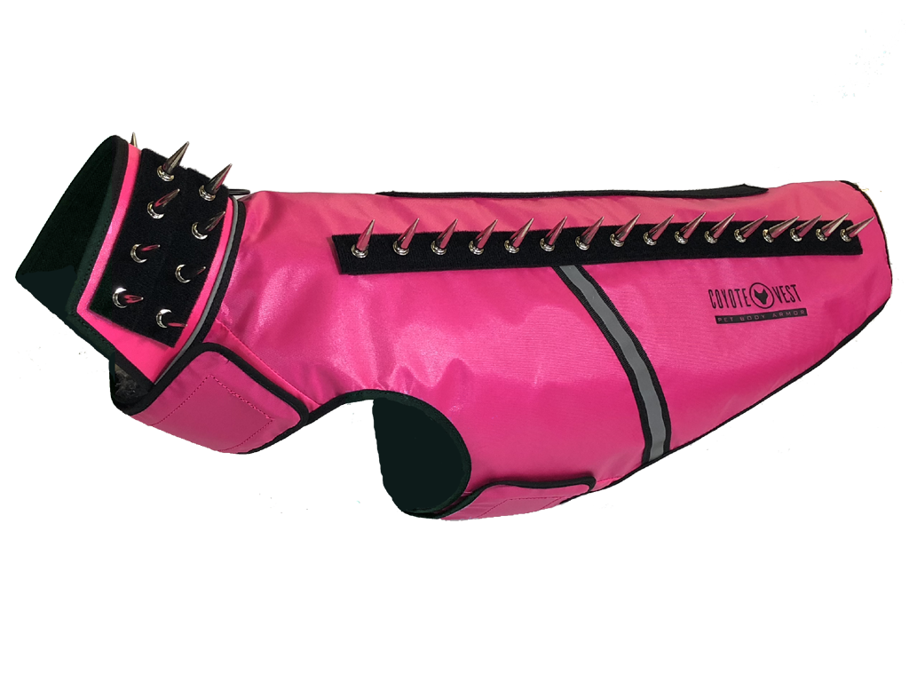 SpikeVest dog vest in neon pink with black spike collar and metal studs, black trim