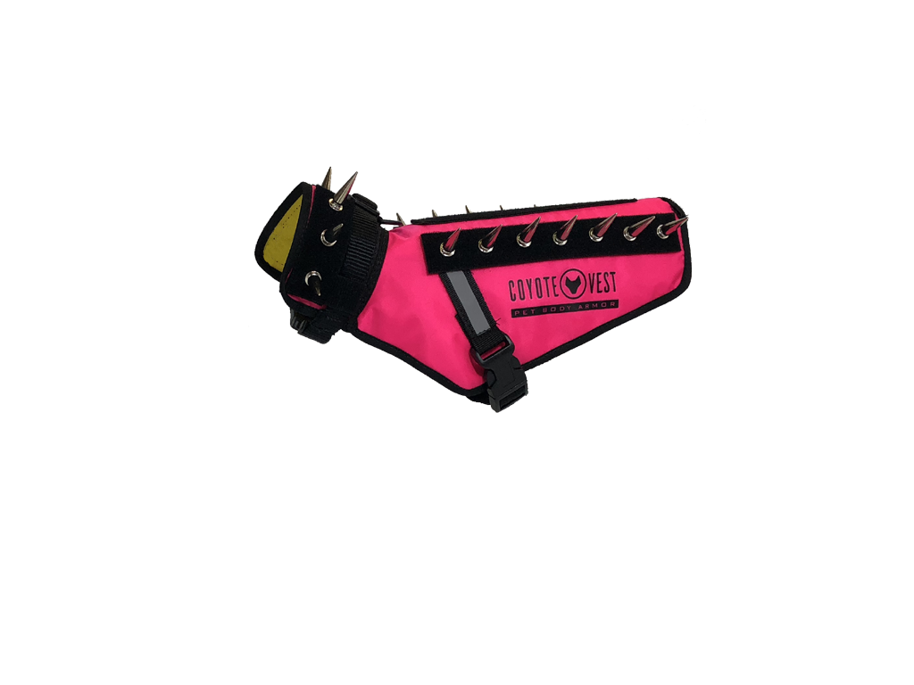 Neon pink pet vest with black spikes, front strap and D-ring leash clip
