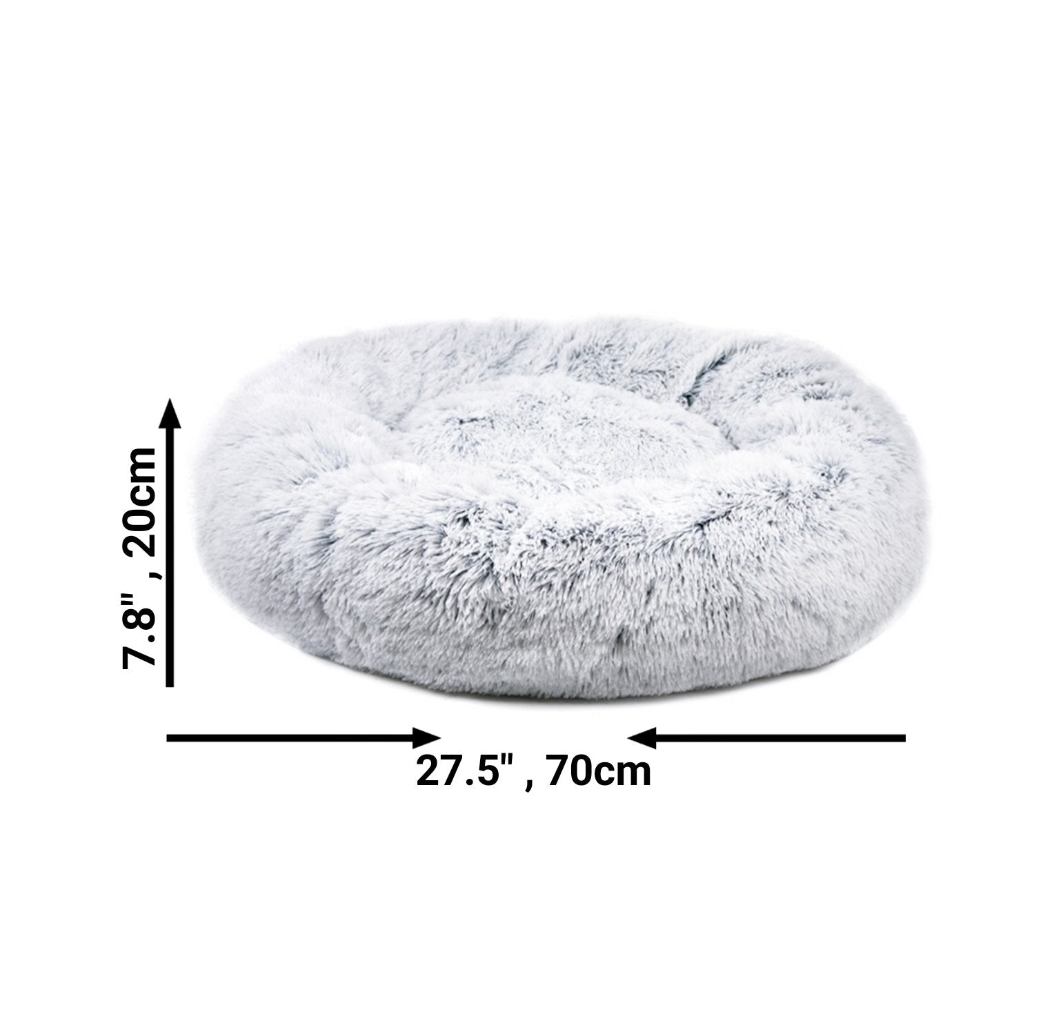 Round plush pet bed, snowflake white two-tone, 27.5" wide, 8" high