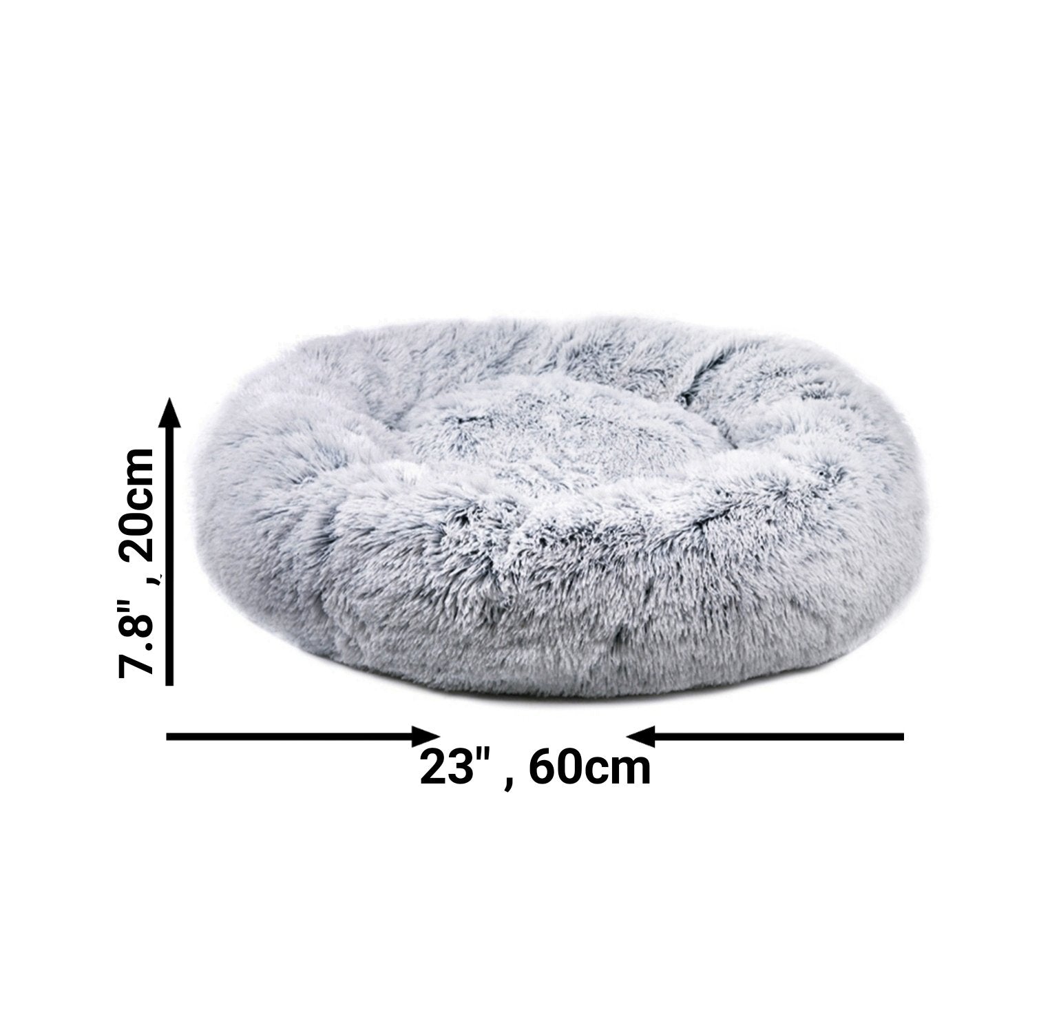 Round plush pet bed dimensions: 23 in (60 cm) diameter and 7.8 in (20 cm) height