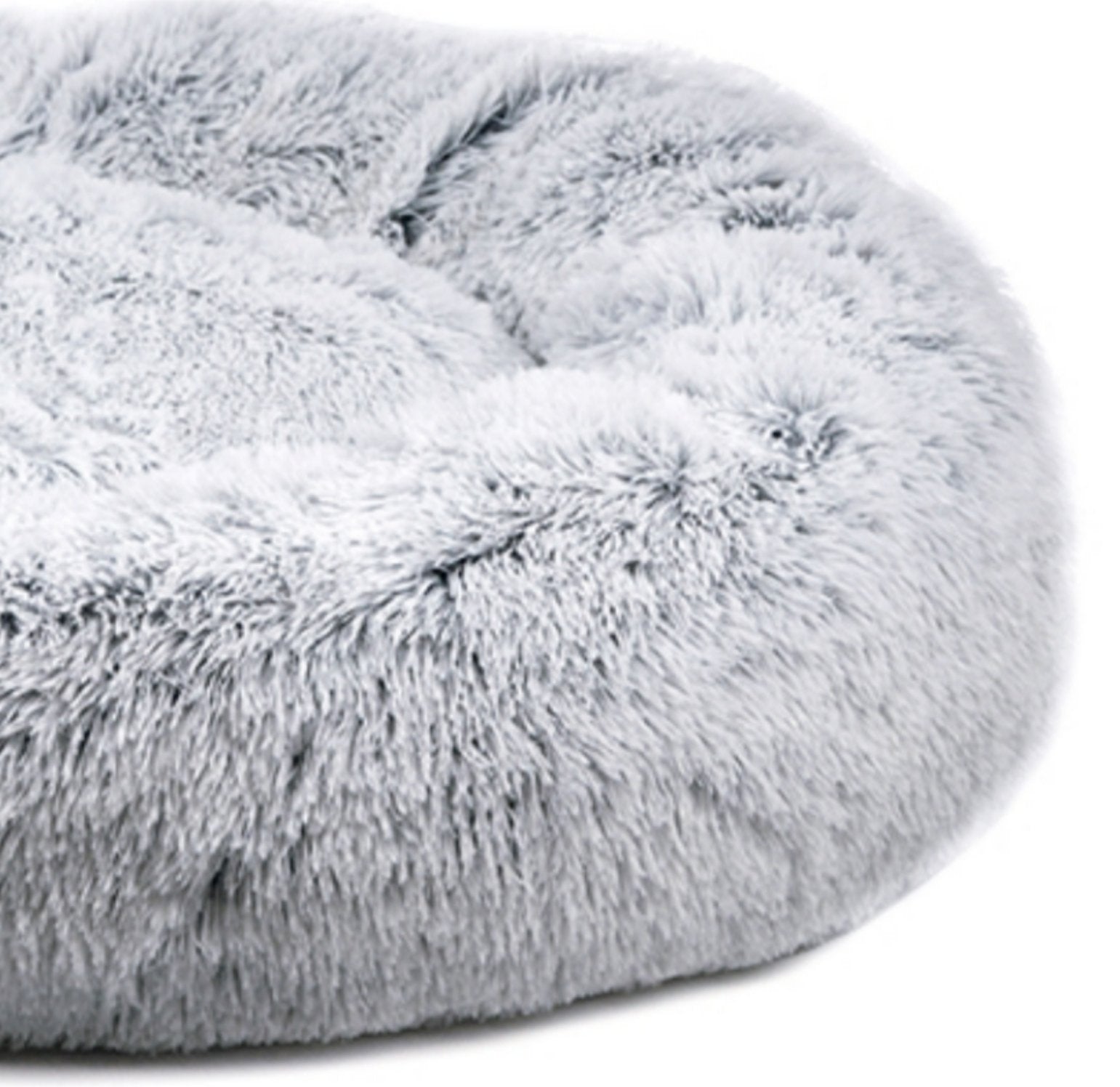 Snowflake white two-tone plush pet bed with thick raised outer rim and hollow center