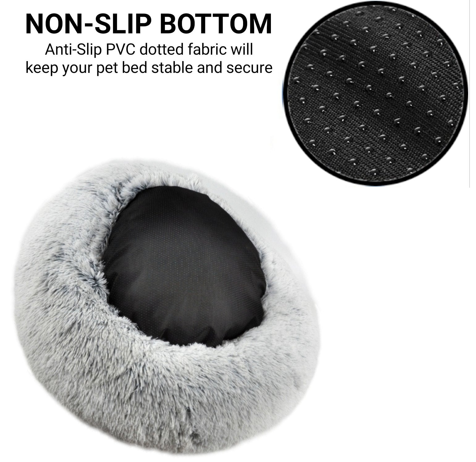 Non-slip bottom of round gray plush pet bed with dotted PVC base