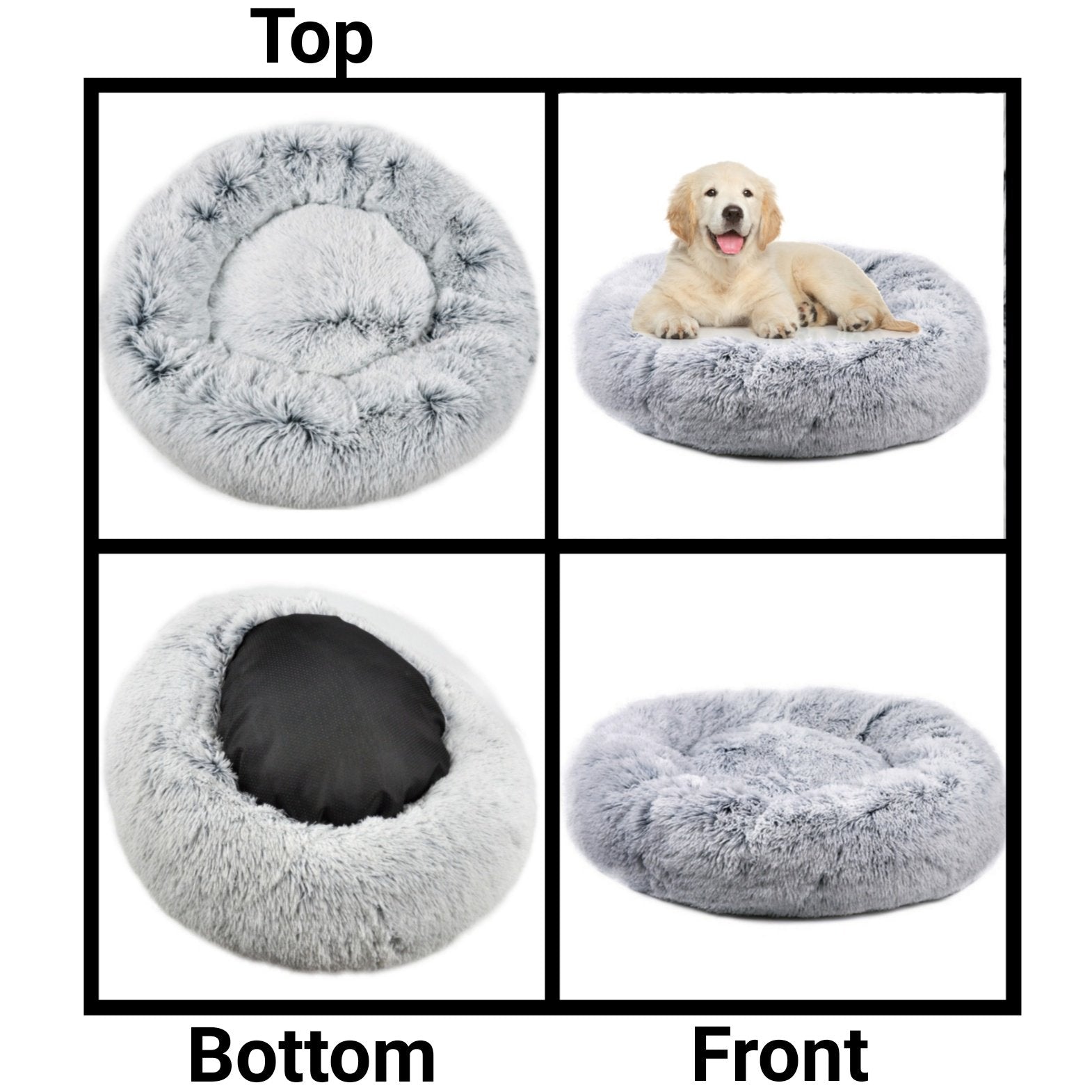 Round two-tone plush pet bed shown from top, bottom, and front views