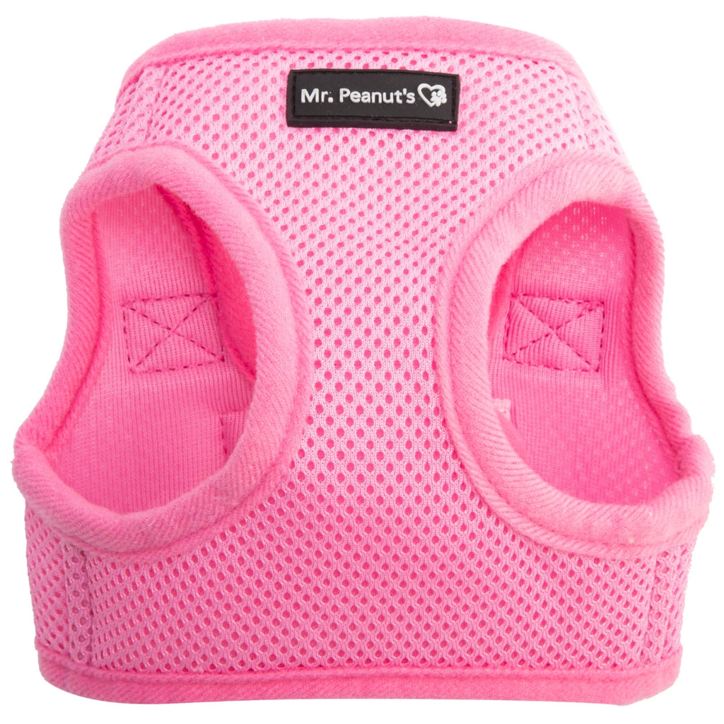 Pink breathable soft mesh pet harness with cushioned side openings and logo label