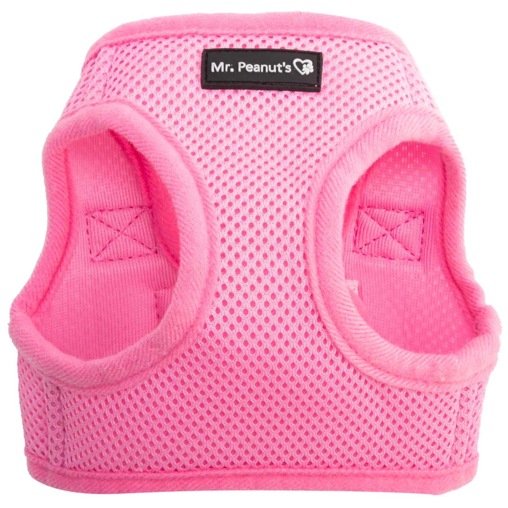 Pink breathable soft mesh pet harness with cushioned side openings and logo label