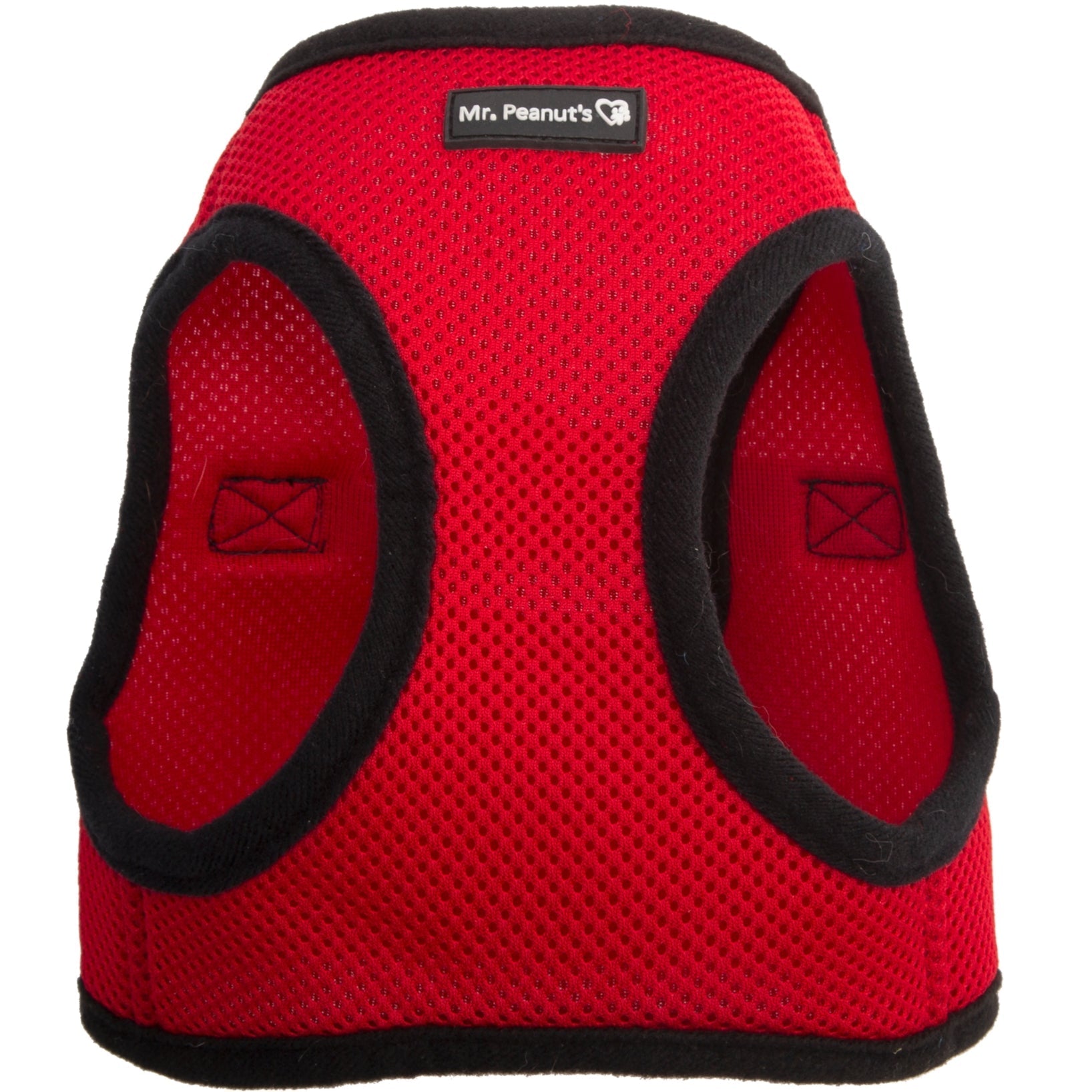 Red breathable soft mesh pet harness with side openings and logo label