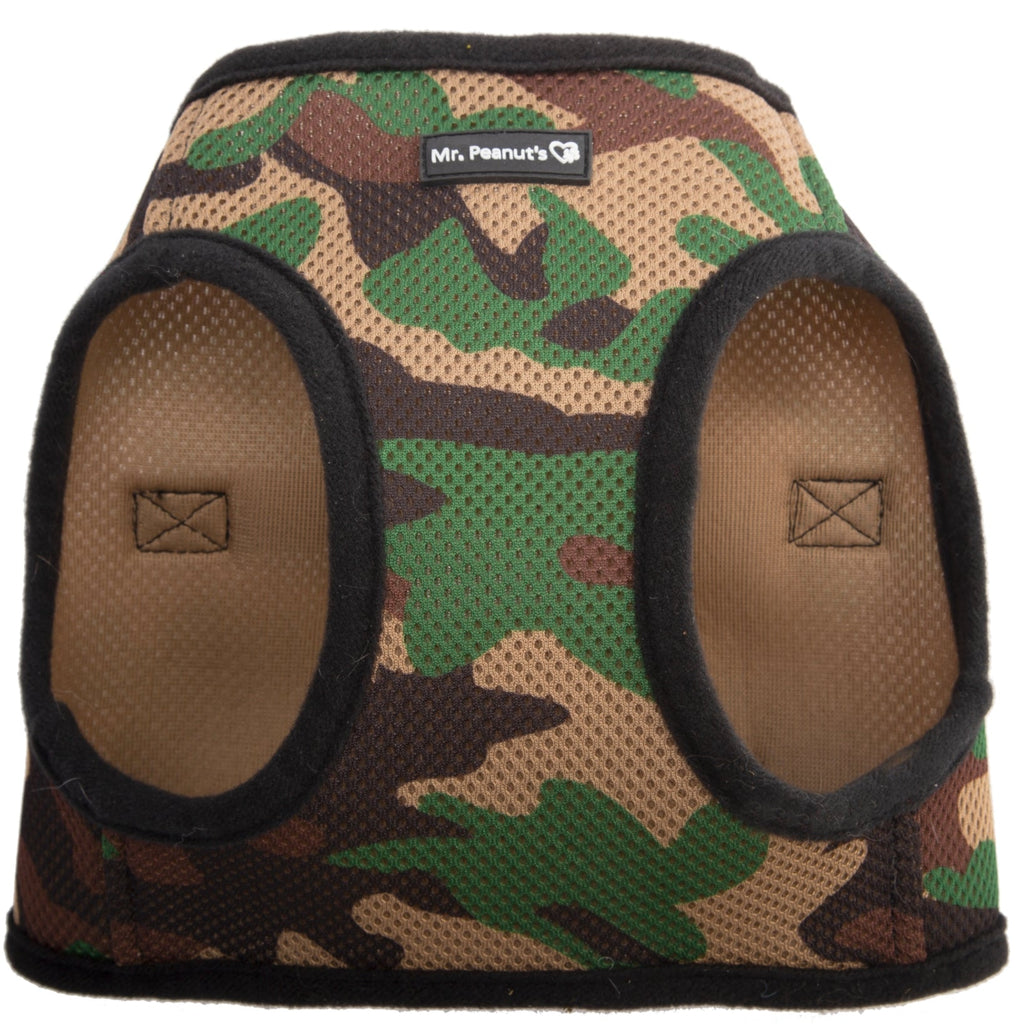 Camo soft mesh pet harness with black trim and logo patch, adjustable fit