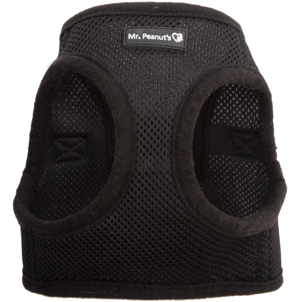 Black soft mesh pet harness with back panel and logo tag