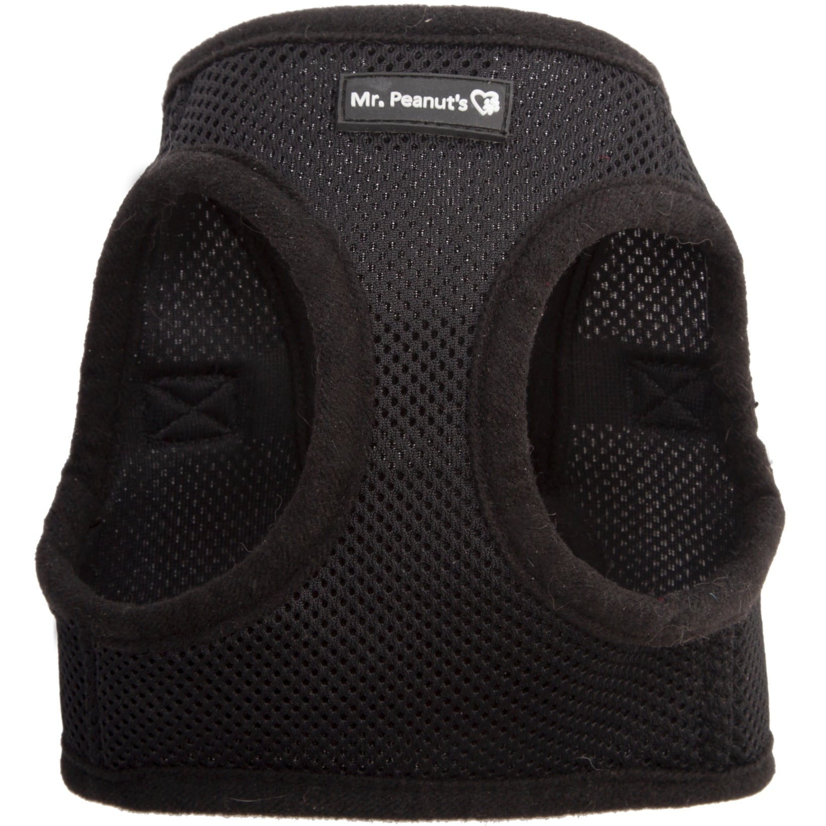 Black soft mesh pet harness with back panel and logo tag