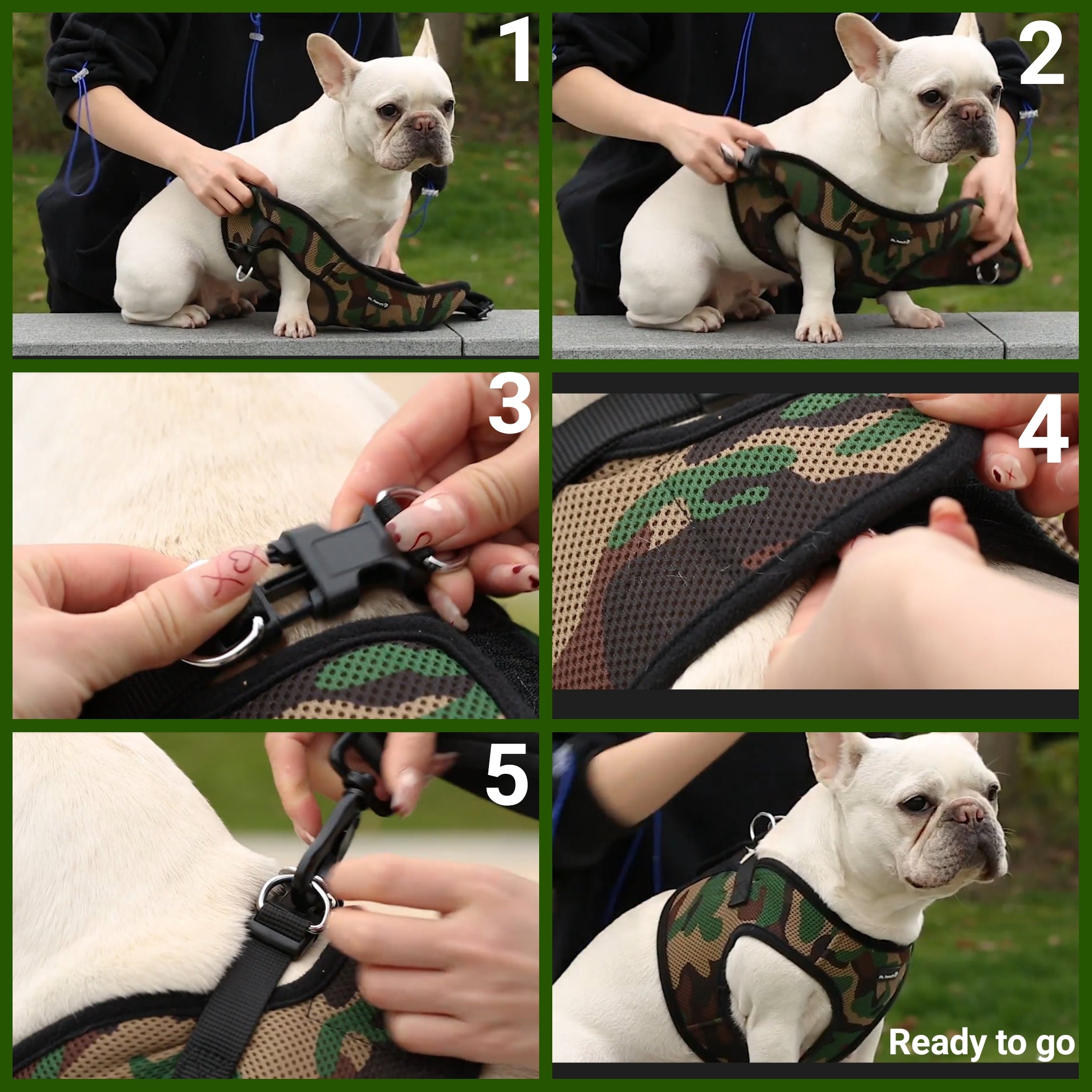 Camouflage soft mesh pet harness with adjustable straps and dual D-ring leash clips