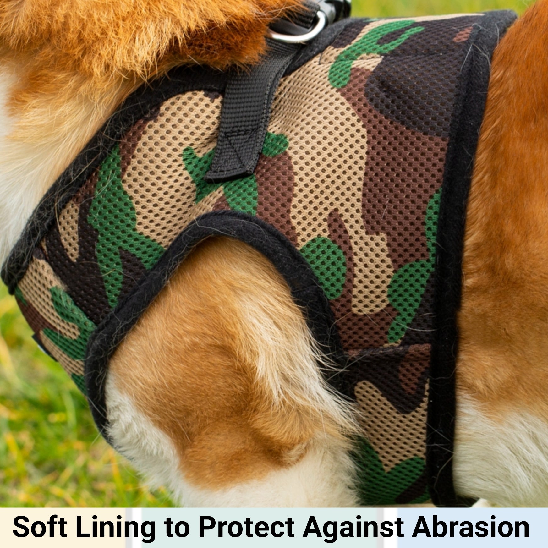 Camo soft mesh dog harness close-up with padded lining to help prevent abrasion
