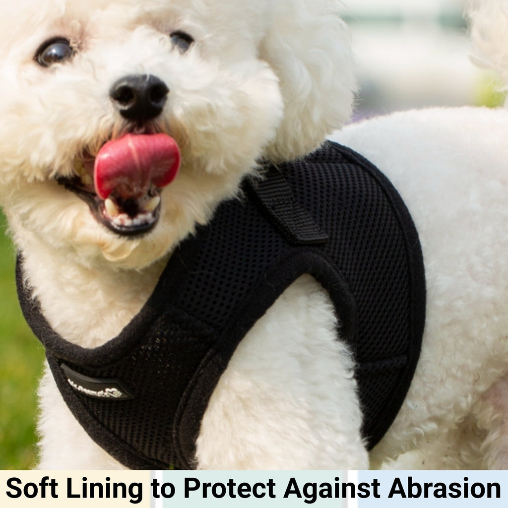 Black soft mesh pet harness with front opening and adjustable straps, breathable dog vest