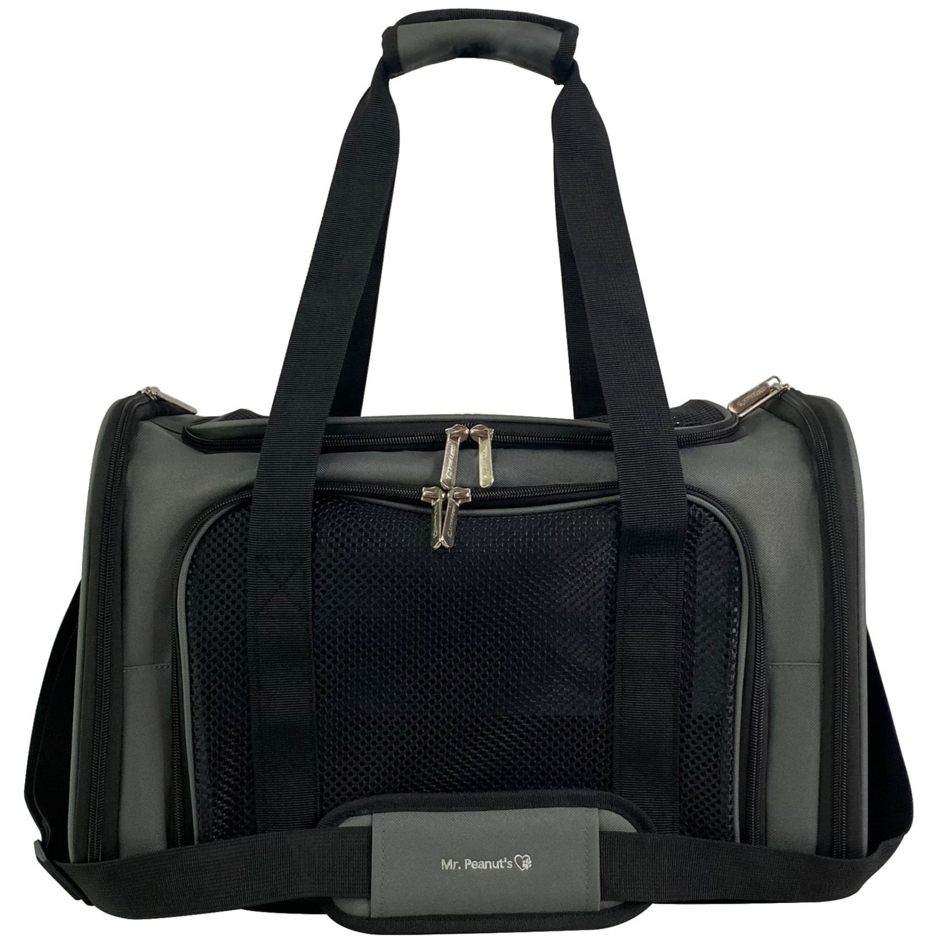 Soft-sided pet carrier in dark charcoal with front mesh panel and dual zippers
