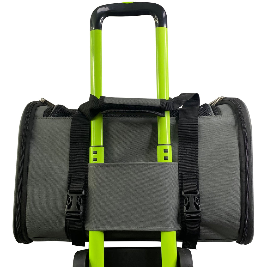 Soft-sided pet carrier with a wheeled-cart strap system and padded side walls (charcoal)
