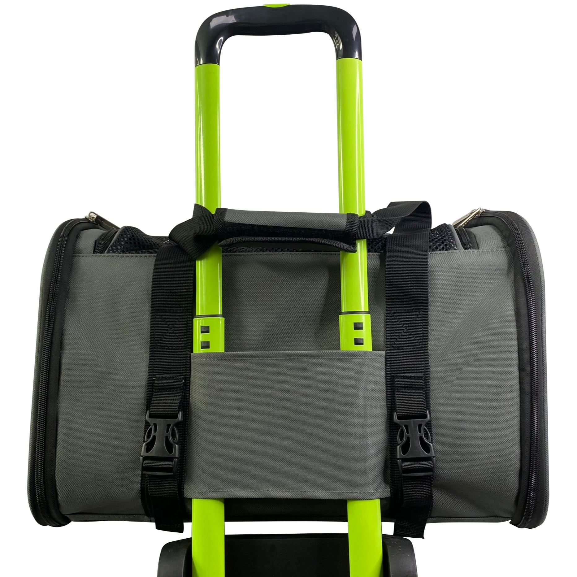 Soft-sided pet carrier with a wheeled-cart strap system and padded side walls (charcoal)