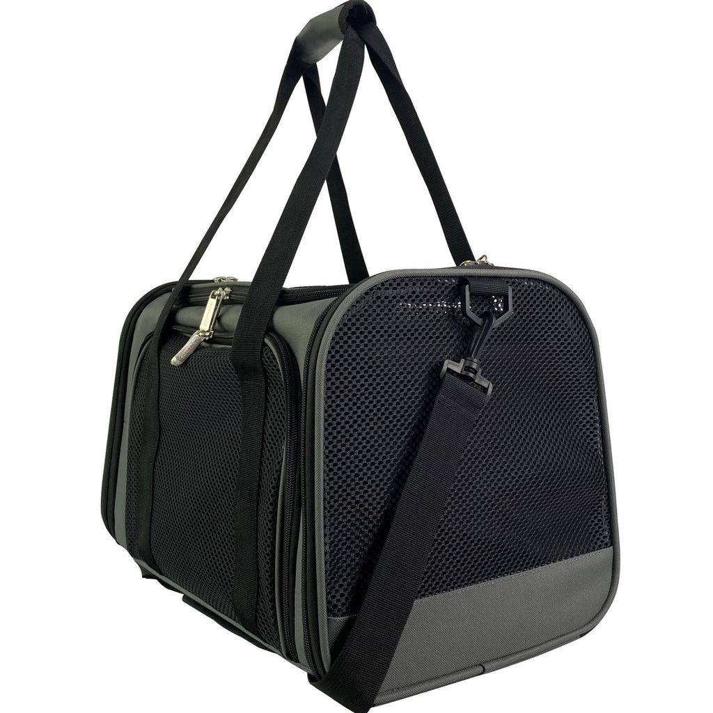 Charcoal soft pet carrier with front mesh door, padded strap, and side zipper pocket
