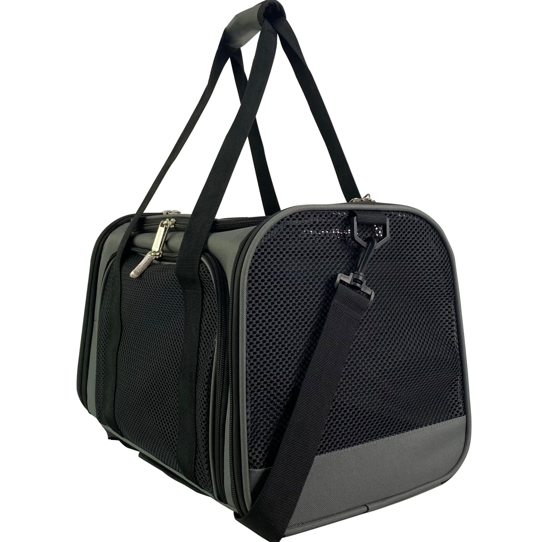 Charcoal soft pet carrier with front mesh door, padded strap, and side zipper pocket