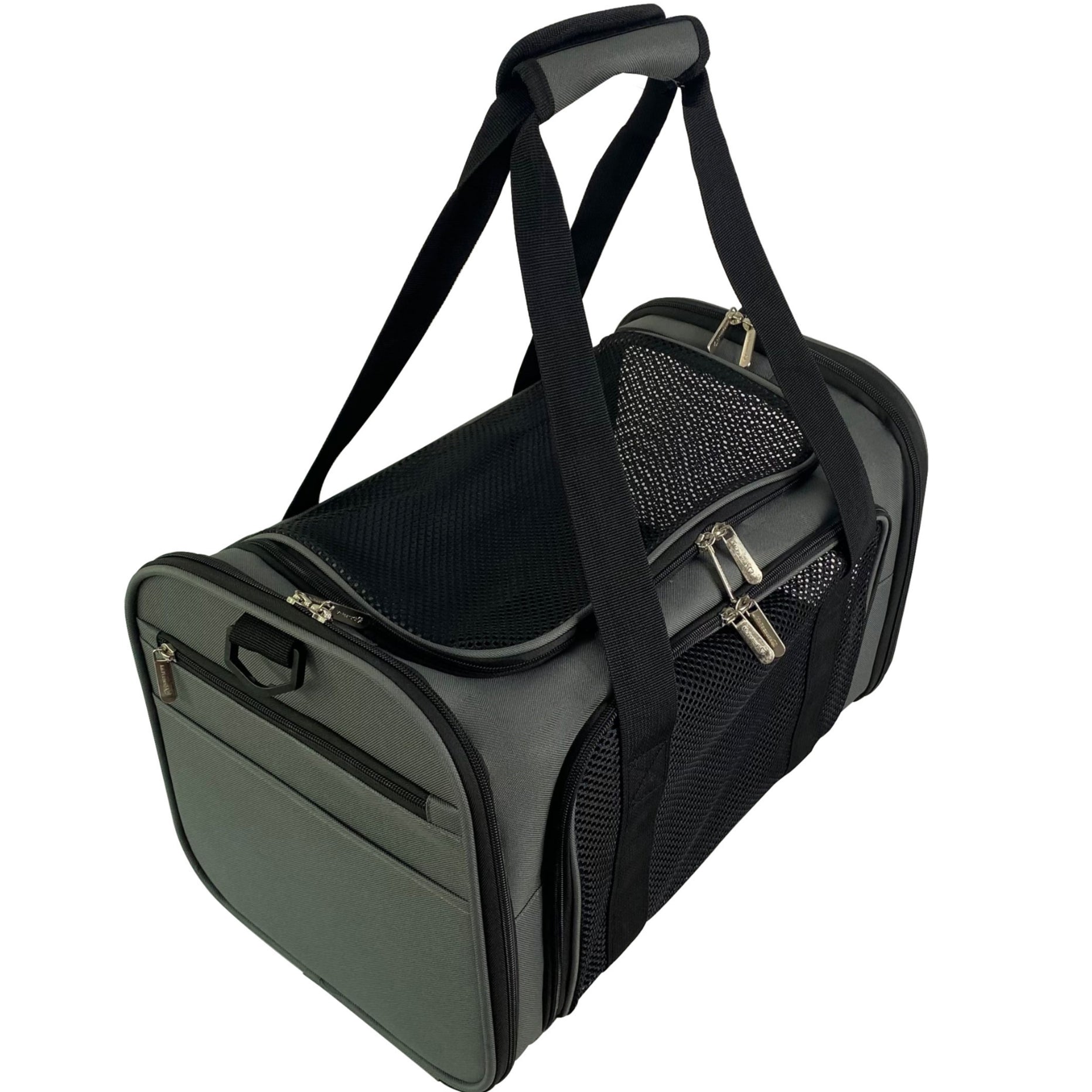 Charcoal soft-sided pet carrier with end panel pocket, metal buckles, and carrying straps
