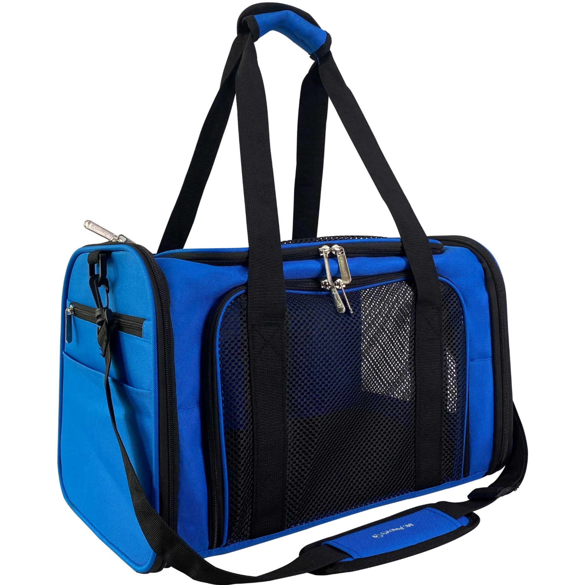 Soft-sided pet carrier in bright blue with front zipper and mesh ventilation panels