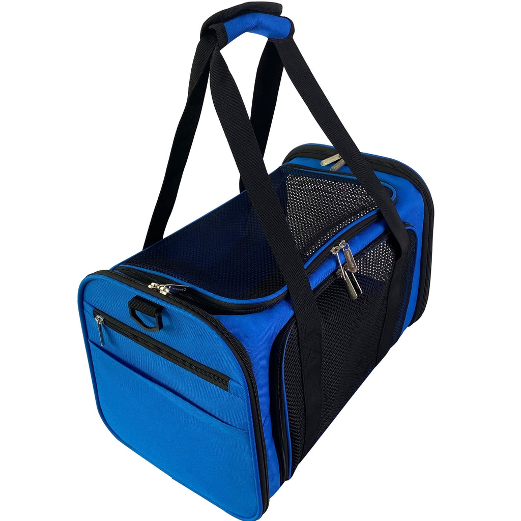 Buckle and strap connection detail on charcoal ash soft-sided pet carrier