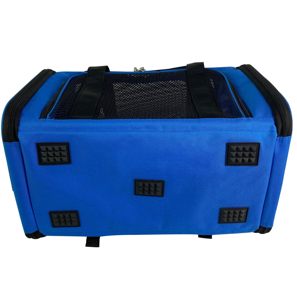 Deja Blue soft-sided pet carrier side with black corner patches and mesh panel