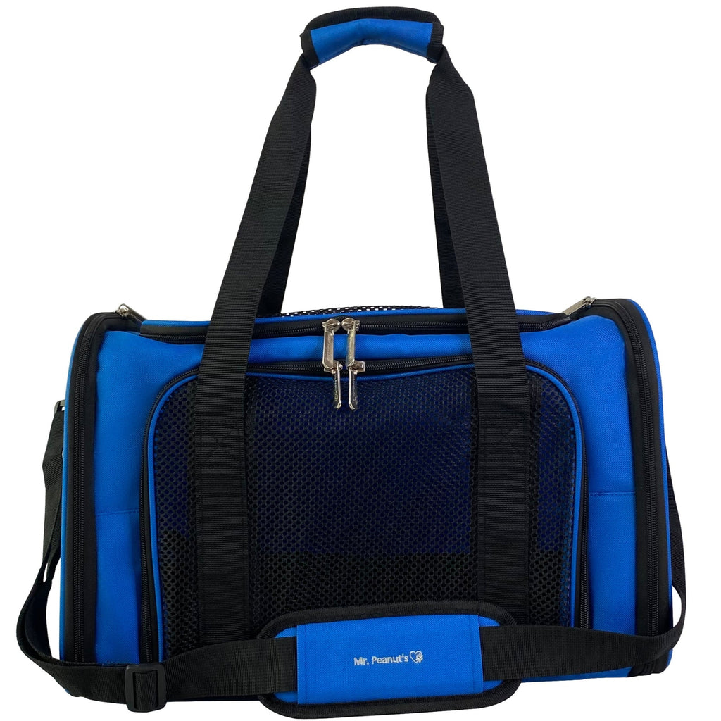 Deja Blue soft-sided pet carrier front with black mesh top and corner patches