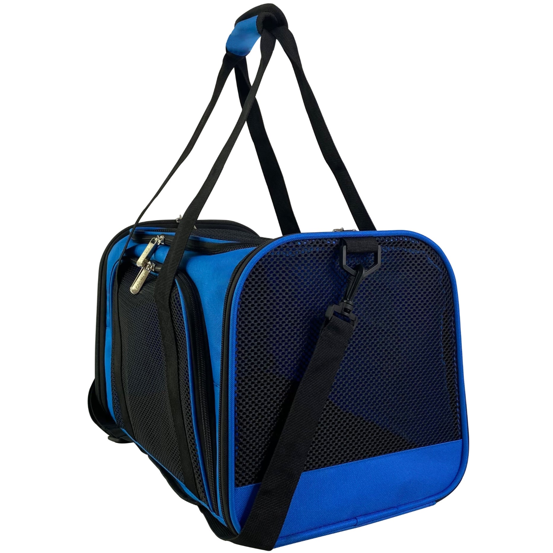 Deja Blue soft-sided pet carrier with mesh door panel and front logo patch