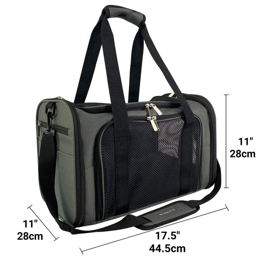 Charcoal gray soft-sided pet carrier with top handle, front zipper, and side mesh panel