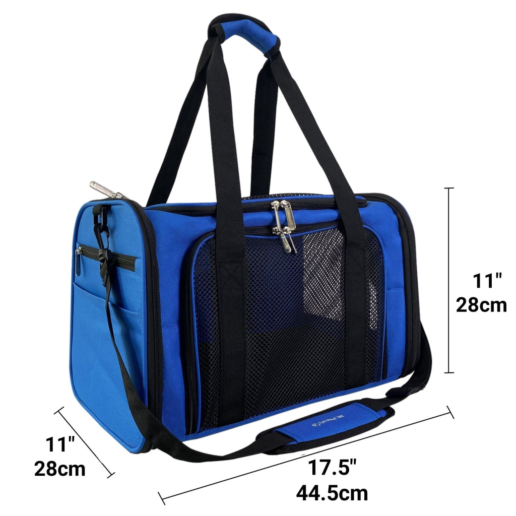 Deja Blue soft-sided pet carrier shown with size measurements