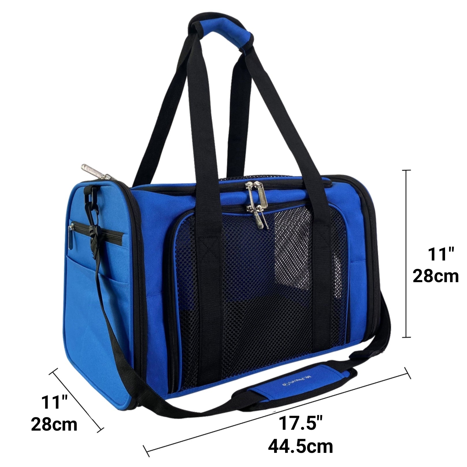 Deja Blue soft-sided pet carrier shown with size measurements